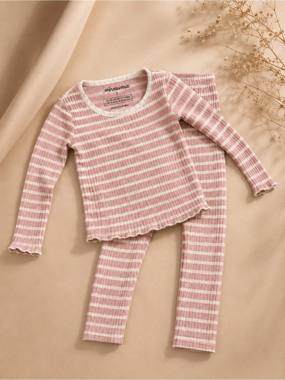 Anauma Girls Ribbed Pink & White Striped Pajama Set Size 7 Cozy Soft